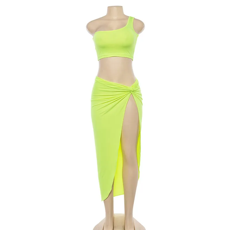 Женский комплект из двух предметов неоновый цвет топ на одно плечо платье с