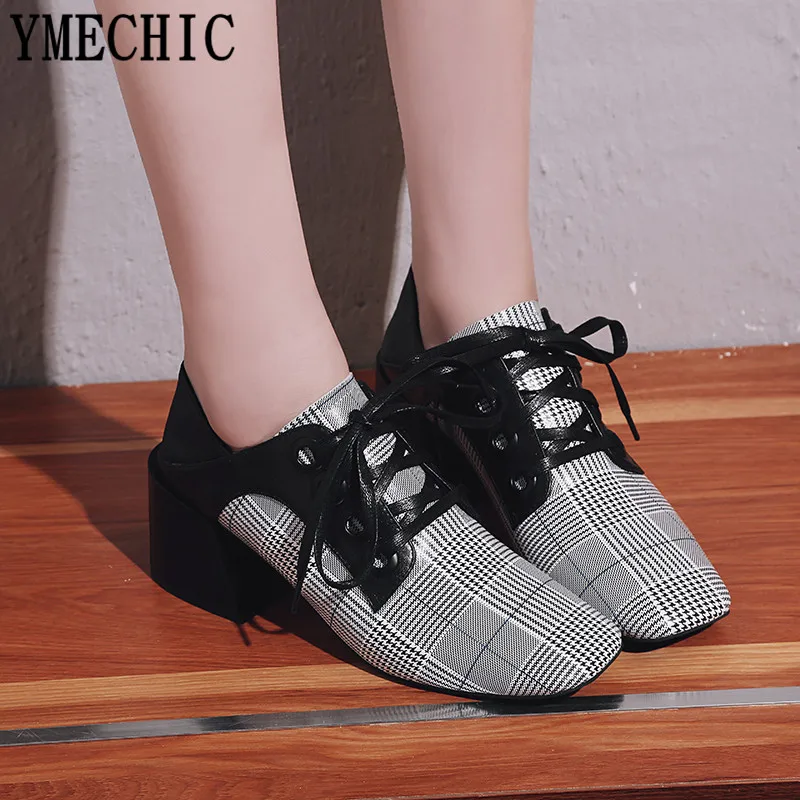 Cuir Véritable Chunky Talon Automne Réel Plaid Femme Haute Bloc Taille Plus Carré Noir Up Chaussures 2018 Ymechic 42 Dentelle Dame Pompes Bout En P8Y6n