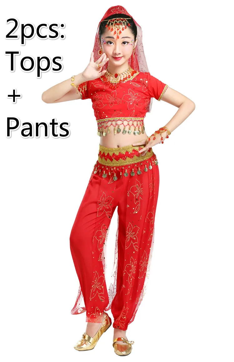 2pcs red Детские восточные костюмы для танца живота, одежда для соревнований, детская одежда для индийских танцев, одежда для выступлений, танцевальная одежда Болливуда, 3 цвета - Цвет: 2pcs red