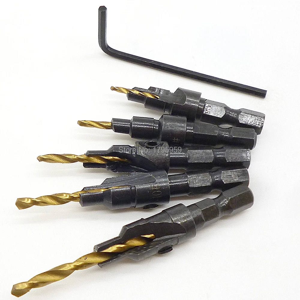 5pc Countersink Drill Bit Set W/Wrench Quick Change1/4" Hex Shank