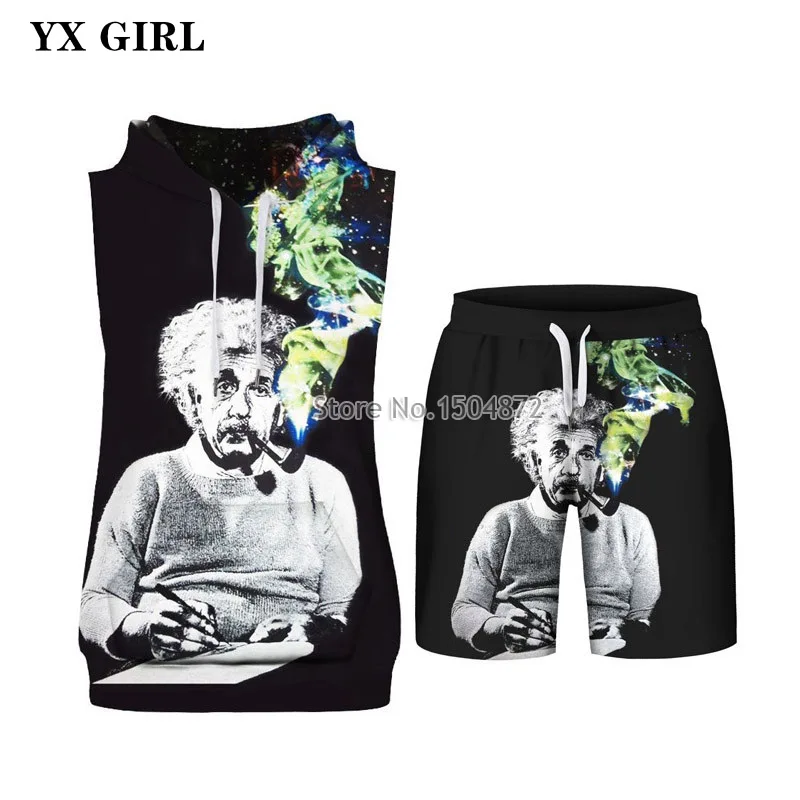 

3d Print Hoodies+Pant Set Smoking Einstein Men/Women Sweatshirt Pant Set Thin Unisex Hooded Tracksuit Pullover Tops+trouser