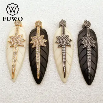 

FUWO 3 pieces Leaf Bone Pendant High Quality Buffalo Bone Carved Cross Decoration CZ Micro Pave Pendant Jewelry Supplies PD1019