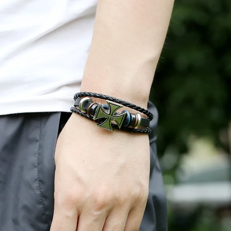 Nuevo Estilo Europeo Del Punk de cuero Trenzado Pulsera de La Vendimia Cruz Religiosa Charm Pulseras