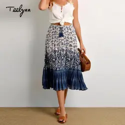 Teelynn 2018 Бохо юбка синяя с цветочным принтом с эластичной талией летняя юбка большие качели в богемном стиле пляжная одежда Chic с длинным Для