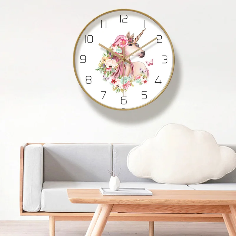 Прекрасный единорог Металл настенные часы Home Decor Кварц развертки движения для
