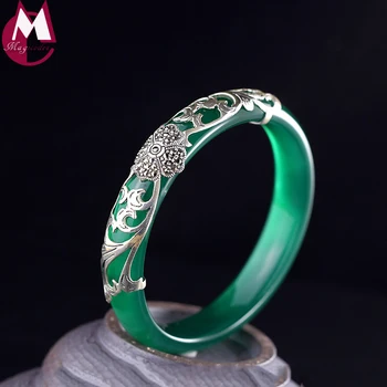 

Classic 10mm Wide Green Chalcedony Bracelet For Women Vintage Clover Elegant Leaves Jewelry Real 925 Sterling Thai Silver Bangle