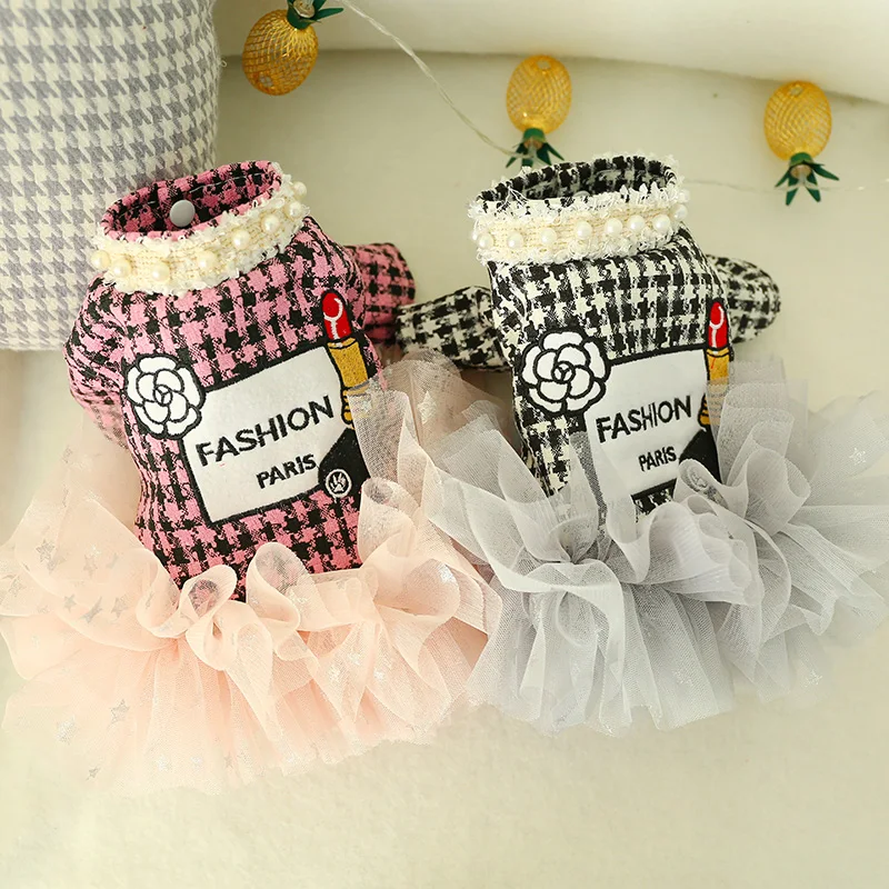 Princess Small Dog Dresses Coat Autumn Houndstooth Cat Skirt Clothes Tulle Dresses Puppy Chihuahua XS S M L XL