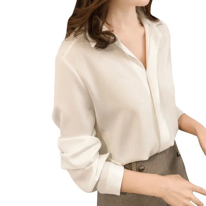 Women Blouse 2019 Women's Wear Simple Lapel Long Sleeve Chiffon Pure Color Shirt