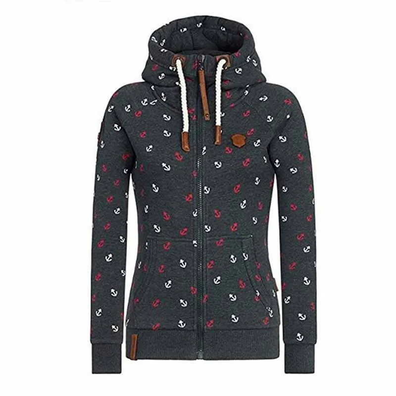 Plus size S-5XL Hooded Sweatshirts women Autumn Winter Flocking Thicken Print Jackets Tracksuits Zipper Female Casual Sportswear