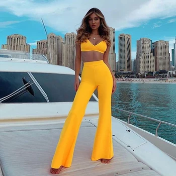 

Elegant Womens Two Piece Set V Neck Corset Sleeveless Short Bra Top & Empire Elastic Wasit Boot Cut Pants Tracksuit