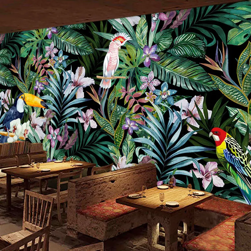 Beibehand-papel de Parede Personalizado com Flores e Pássaros Aquarela 3d Chuva Tropical Floresta Pintura a Óleo Restaurante tv Plano de Fundo