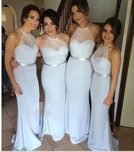 2016 Simple Mermaid Pleated Bridesmaid Dress New Halter Chiffon Long Fitted Bridesmaid Gowns with Satin Sash