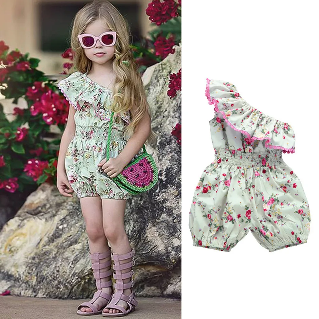 

Newborn Infant 1-6Y Summer Cute Toddler Kids Baby Girls Romper Clothes One Shoulder Ruffles Floral Print Elastic Waist Romper