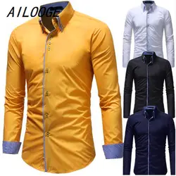 AILOOGE best продажи Для мужчин рубашки двухслойный воротник двери каймой Для Мужчин's Повседневное тонкий рубашку с длинными рукавами