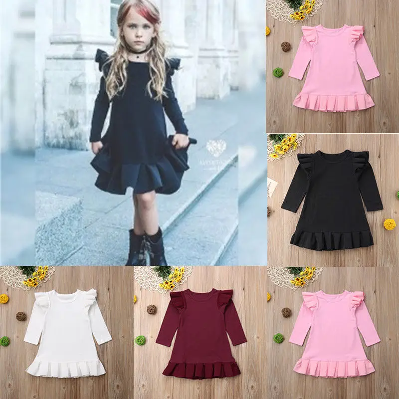 PUDCOCO Fashion Girl Princess Fly Sleeve Dress Kid Baby Party Wedding Pageant Long Sleeve Autumn cotton Dresses Clothes 1-6T