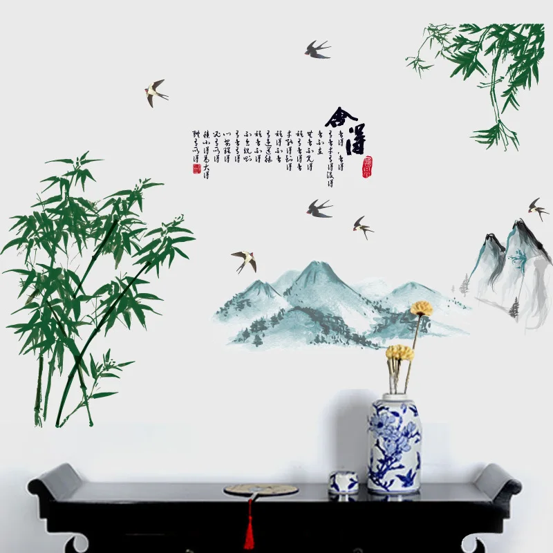 Зеленый Бамбук Горные Птицы поэзия стикер стены салон Гостиная home decor Китай пейзаж росписи Ресторан украшения