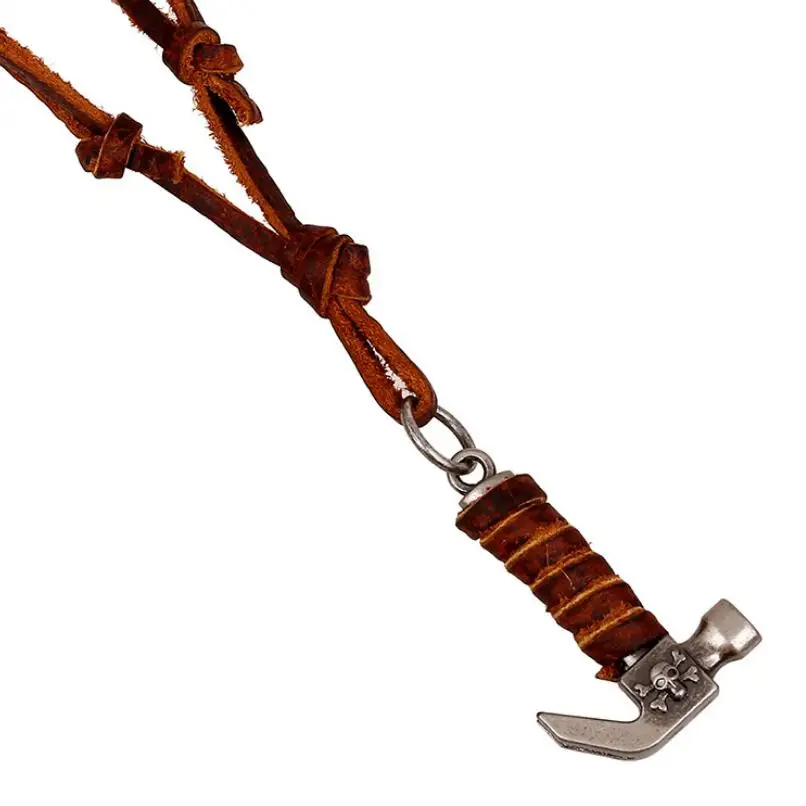 Punk Genuine Leather Men Necklace Retro Pendant Alloy Skull Hammer Vintage Adjustable Brown Long Rope Chain Fashion Male Jewelry | Украшения