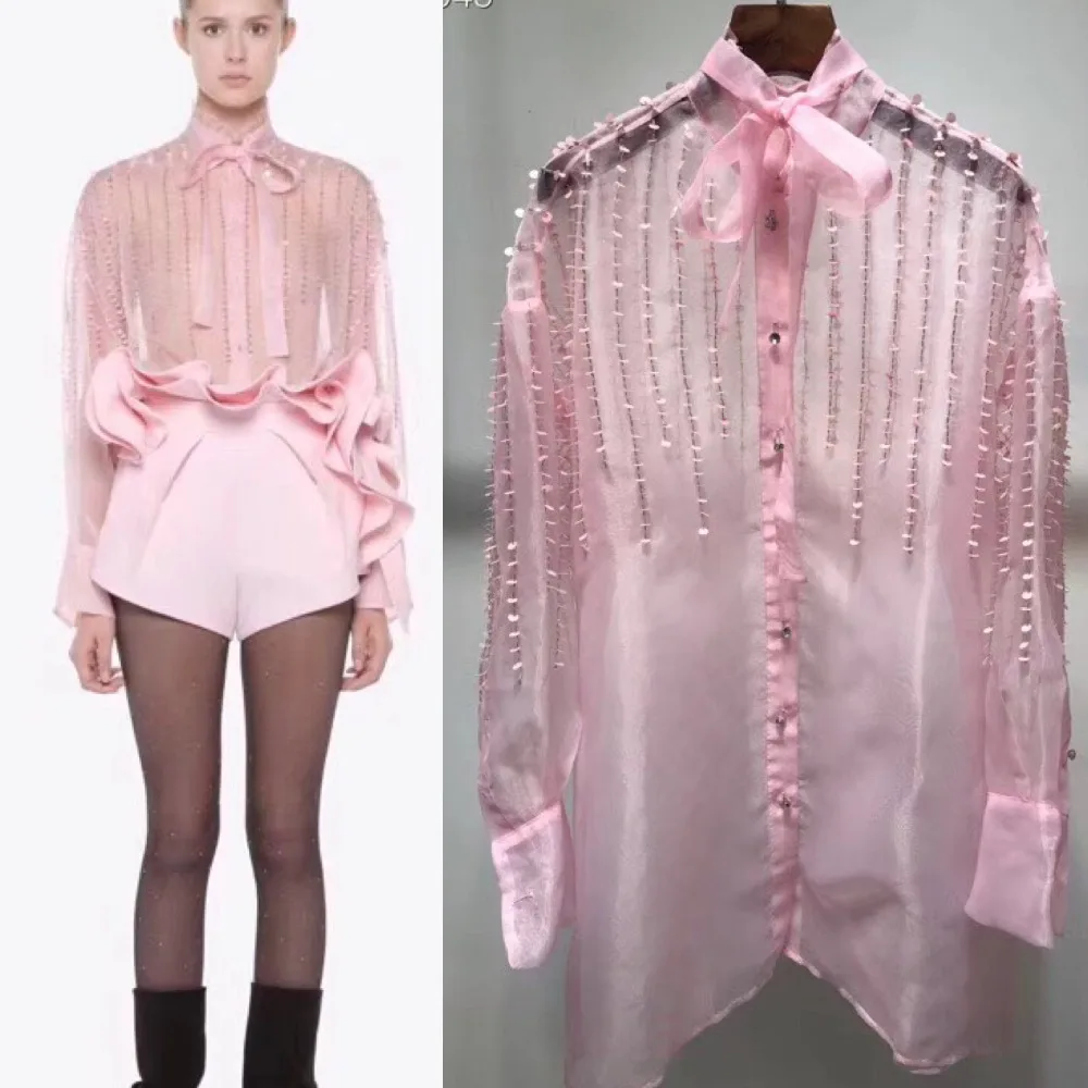 Осенняя женская модная одежда, сексуальная шелковая прозрачная розовая рубашка из органзы, роскошная брендовая Длинная блузка с аппликацией ручной работы для девочек