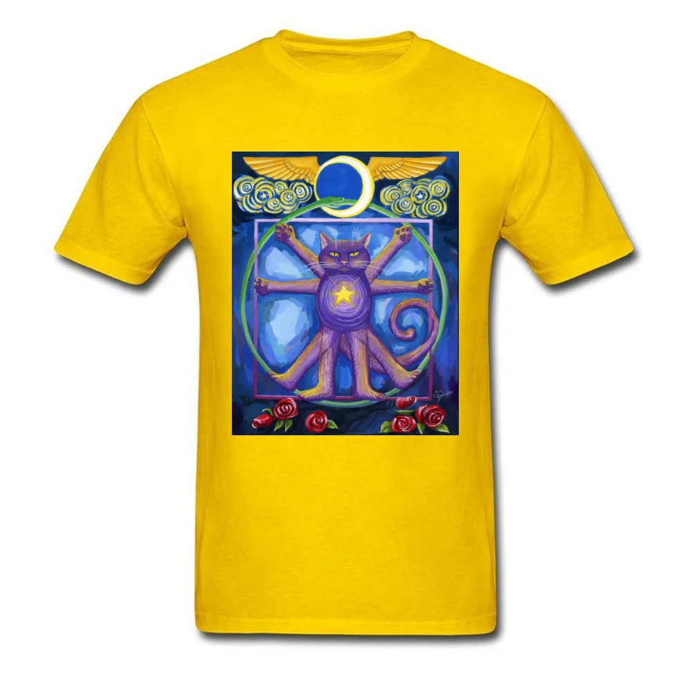 Funny Cool Geek T-shirts O Neck Pure Cotton Youth Tops T Shirt Short Sleeve ostern Day Geek Tops & Tees Wholesale Da Vinci Cat squaring the circle yellow