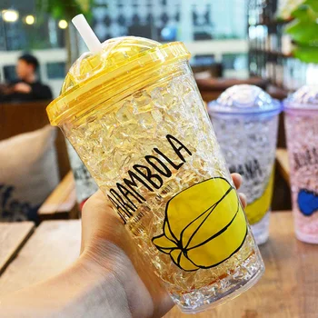 

Double Layer Plastic Water Bottle with Straw Fashionable Leakproof IceCup Portable Sorbet Spacecup Four Color Available SH248-20