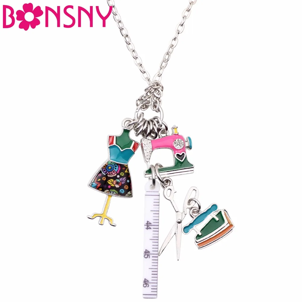 

Bonsny Statement Chain Enamel Tailor Sewing Machine Scissors Ruler clothes stand Necklace Pendants Fashion Jewelry For Women