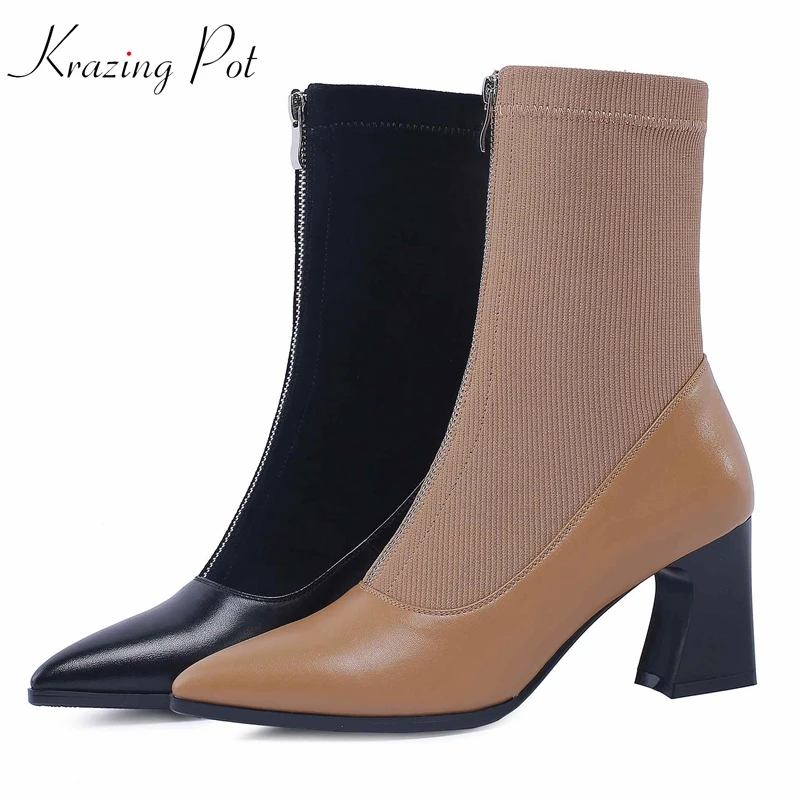 

Krazing Pot cow leather knitting material ankle boots high quality high heels Autumn Winter pointed toe zipper ankle boots L8f4