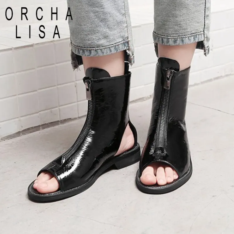 

ORCHA LISA Cool summer peep toe boots flat ankle boots for women patent leather zip peep toe gladiator punk shoes woman bootie
