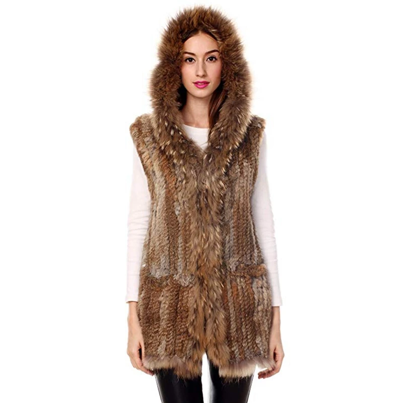 

Real Knitted Rabbit Fur Vest Waistcoat Raccoon Hooded Women Gilet Lady Outerwear Coats VF7019