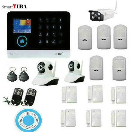 SmartYIBA Заводская распродажа домашняя охранная беспроводная GSM сигнализация+ беспроводной PIR датчик+ датчик двери+ наружная/Внутренняя ip-камера - Цвет: YB103155