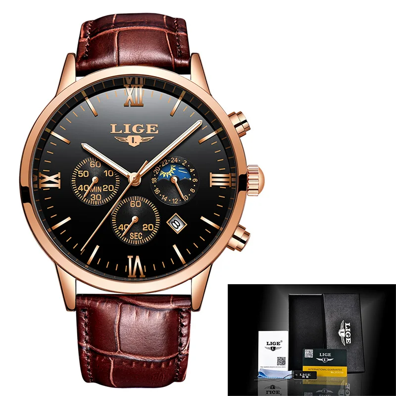 Reloj de hombre LIGE Men's Watches Men Business Fashion Leather Watch Moon phase Date Luminous Multi-function Sport Quartz Clock - Цвет: rose gold black