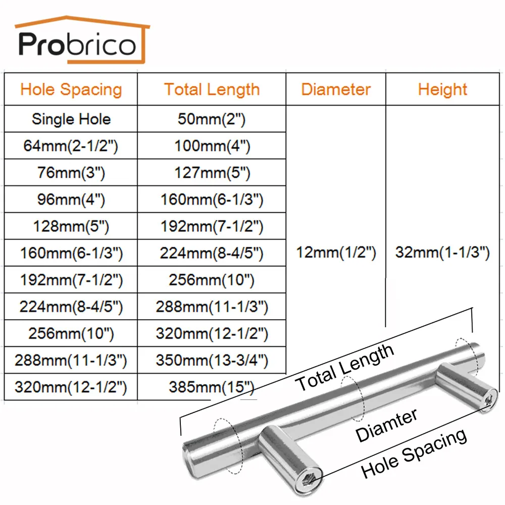 Probrico 20 шт ручки для шкафа диаметр 12 мм мебельные ручки для ящиков нержавеющая сталь кухонный шкаф двери тянет CC 50 мм~ 320 мм