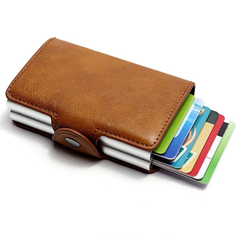 

RFID Men's Leather ID Credit Card Holder Male Automatic Aluminum Alloy Hasp Business Double Layer Cardholder Wallet for Women