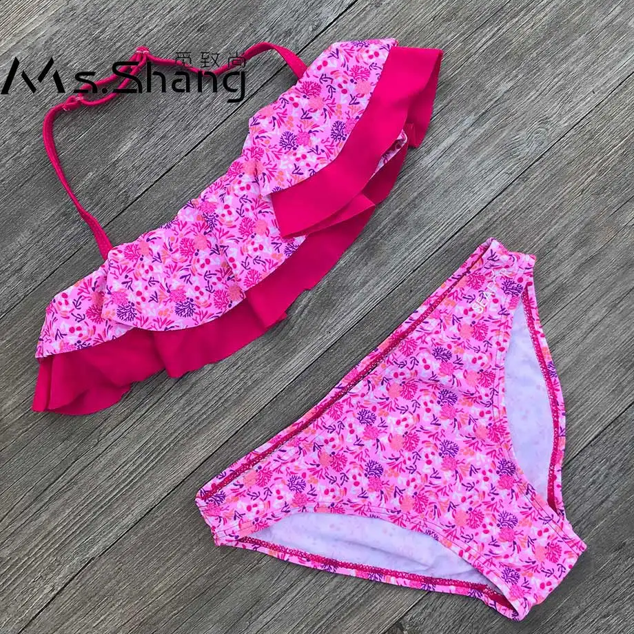

7-14 Years Print Teenage Girl Bikini Kids Swimwear Halter Top Children Two Piece Swimsuit Big Girl Swimming Suit Pink Swim Wear