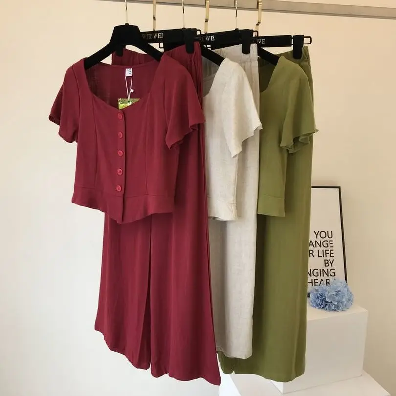 

TAOVK Solid Wide Leg Pants Set Summer Female Short Sleeve Buttons Tops and Loose Trouser Two Piece Sets