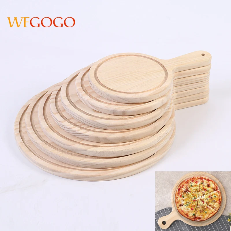 WFGOGO Wooden Pizza Pan board Round with Hand Pizza Baking Tray Pizza Stone Cutting Board