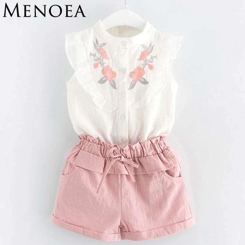 Girls Suits 2019 New Summer Style Beautiful Floral Flower Sleeve Children Vest Clothing Shorts Suit With Belt 2 Pieces Clothes