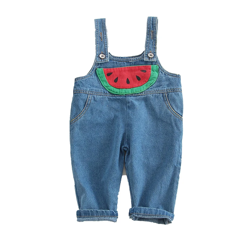 

Baby boys and girls denim Overalls 1-5 years old Korean Children's denim bib casual patch watermelon versatile trousers bib