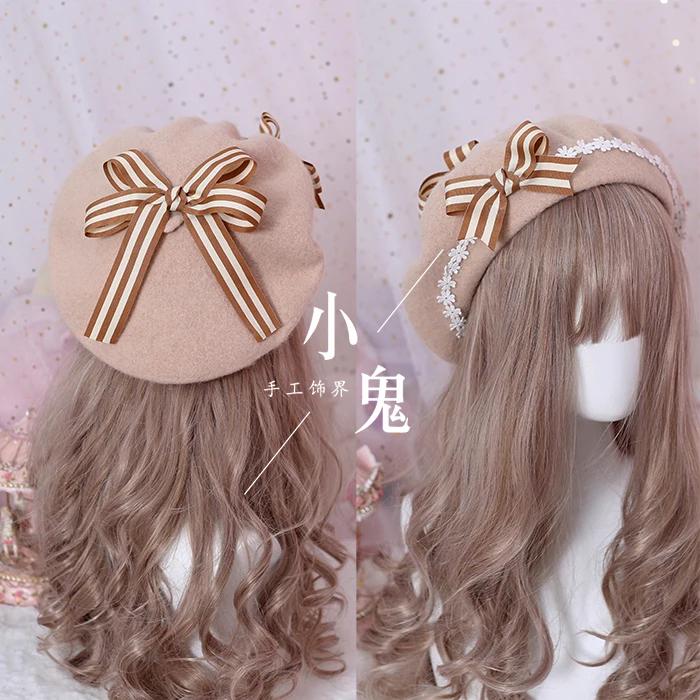 Японский берет в стиле Лолиты для девочек; милые волосы для девочек; сезон осень-зима; Украшенные ромашками бутон с галстуком-бабочкой - Цвет: Beige cap