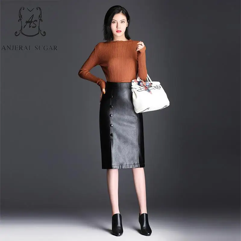 Cadera Cuero Faux Formal Paquetes Single Negro breasted Femenina De Ol Oficina Alta Pu Mujeres Otoño Falda Invierno Cintura xnPvZ