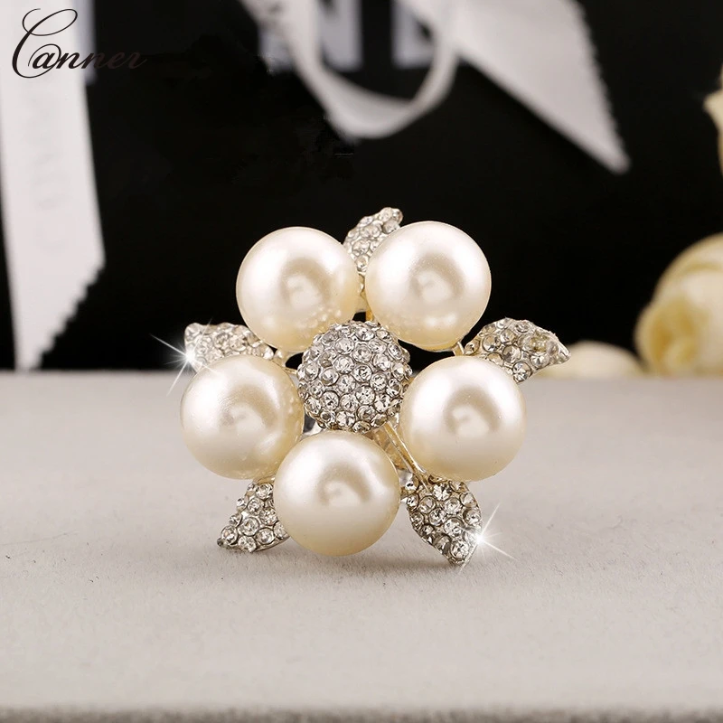 Big Pearl Rings for Women Wedding Party Jewelry Crystal Pearls Flower Ring Silver Color Open Adjustable Ring anillos mujer Q3