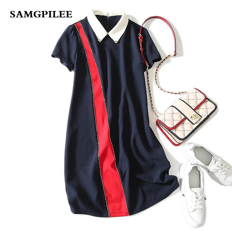 

Summer Dress 2019 New A-line Patchwork Short Sleeve Appliques Knee-length Natural Peter Pan Collar Summer Women Dress L-4xl