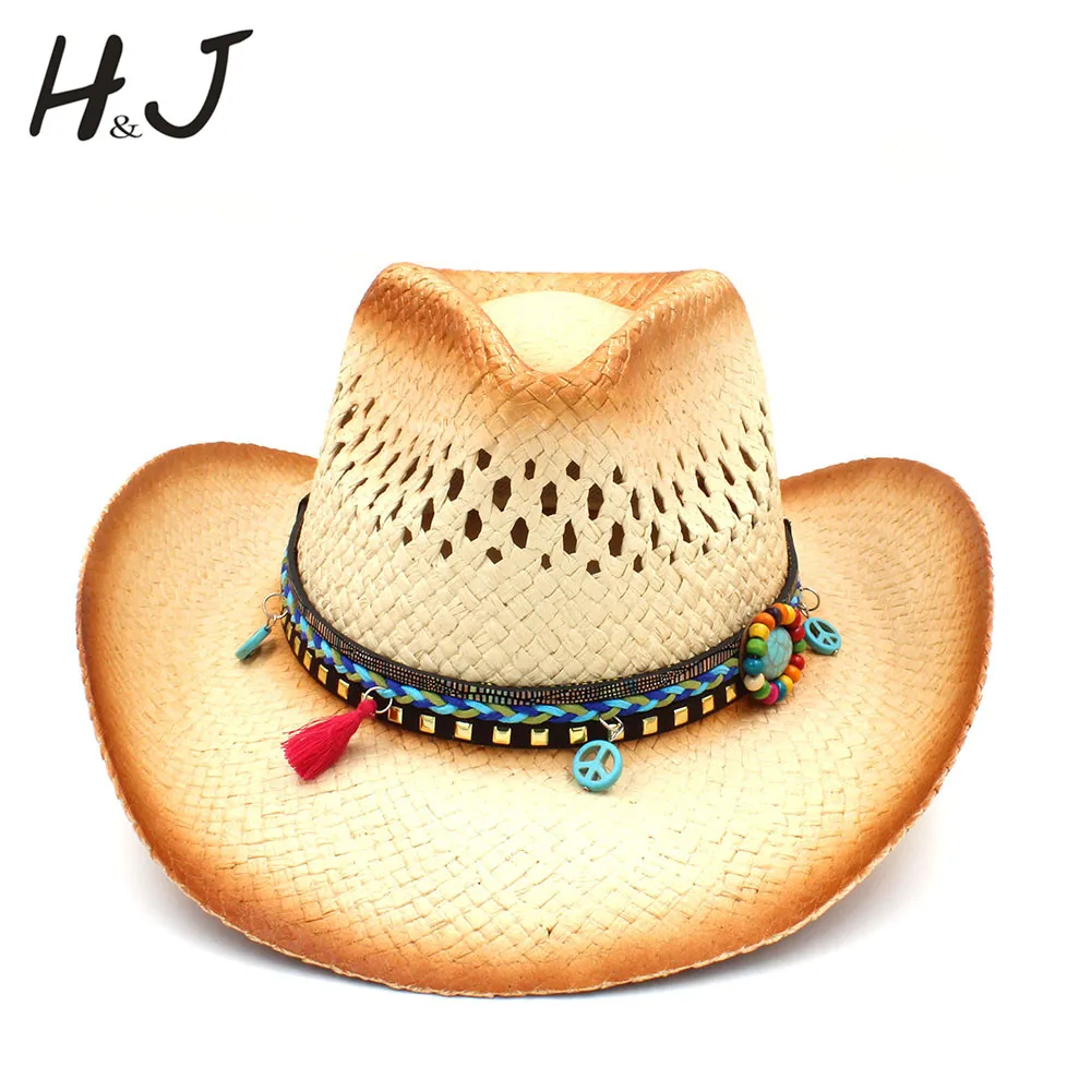 Handmade Weave Straw Women Western Cowboy Hat With Tassel Ribbion Size 58CM