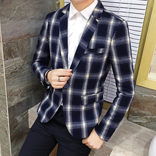 Мужская Весенняя Новинка, модный клетчатый Блейзер, приталенный, одна застежка, британский стиль, пиджак для мужчин, пальто азиатского размера - Цвет: gray