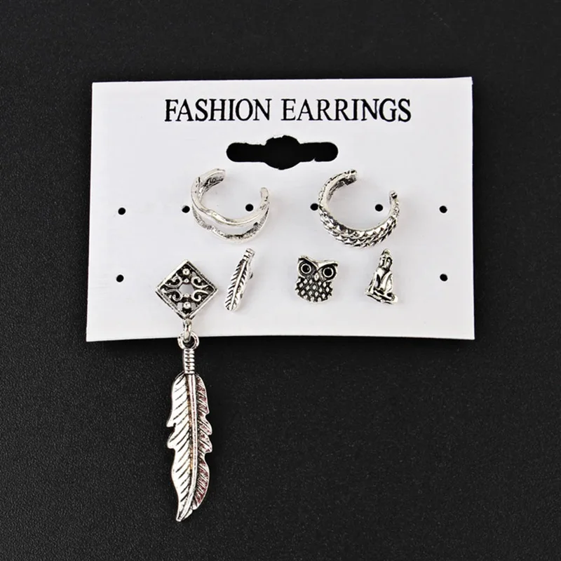 

Fashionable 6 pcs/set Vintage Fashion Silver Color Jewelry Ear Clip Stud Earring Feather Leaf Owl shape Earrings For Women Gift
