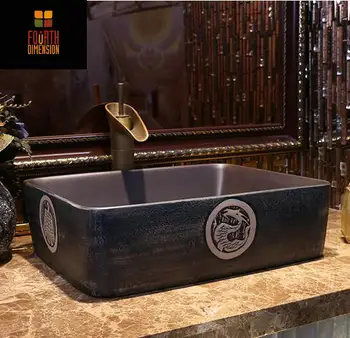 

Antique Dragon Stamp Rectangular Countertop Art Lavabo Ceramic Bathroom Sink