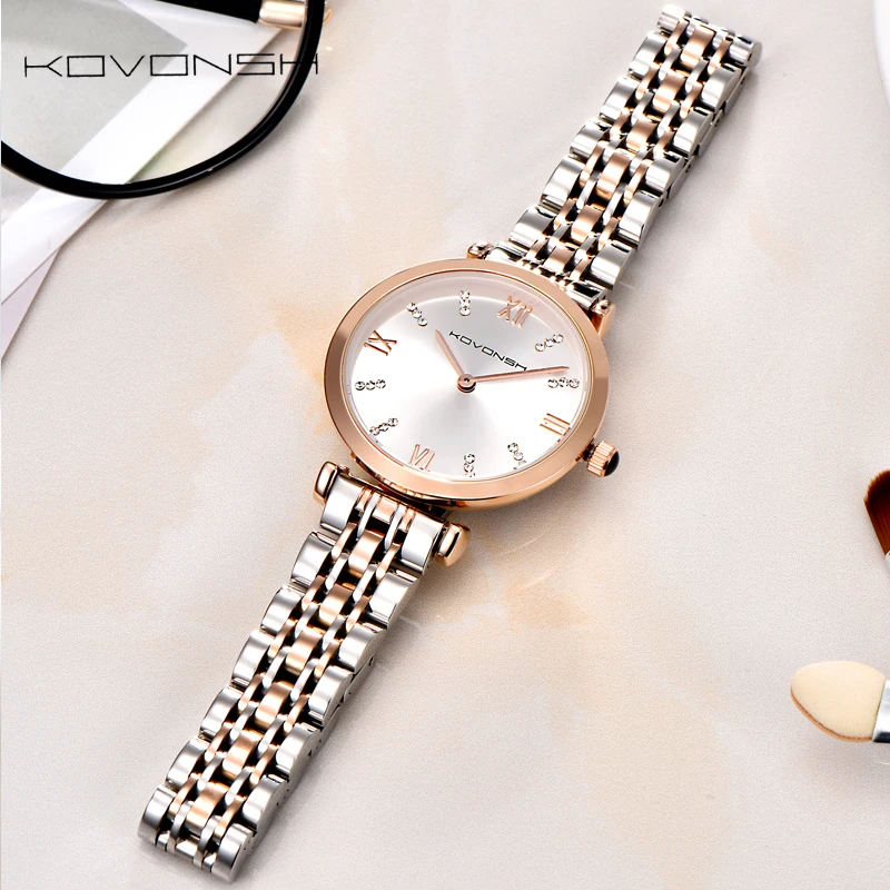 Price KOVONSH Luxury Fashion Women Watches Lady Watch Stainless Steel Dress Women Watch Quartz Wrist Watches Gift Present Dropshipping