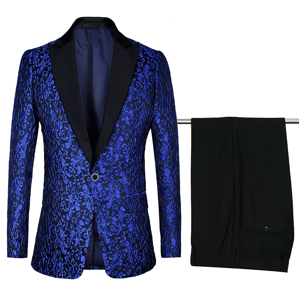 

Blue suit, groom's tuxedo, men's performances, tie collar, jacquard suit, a button of 2020 new style.