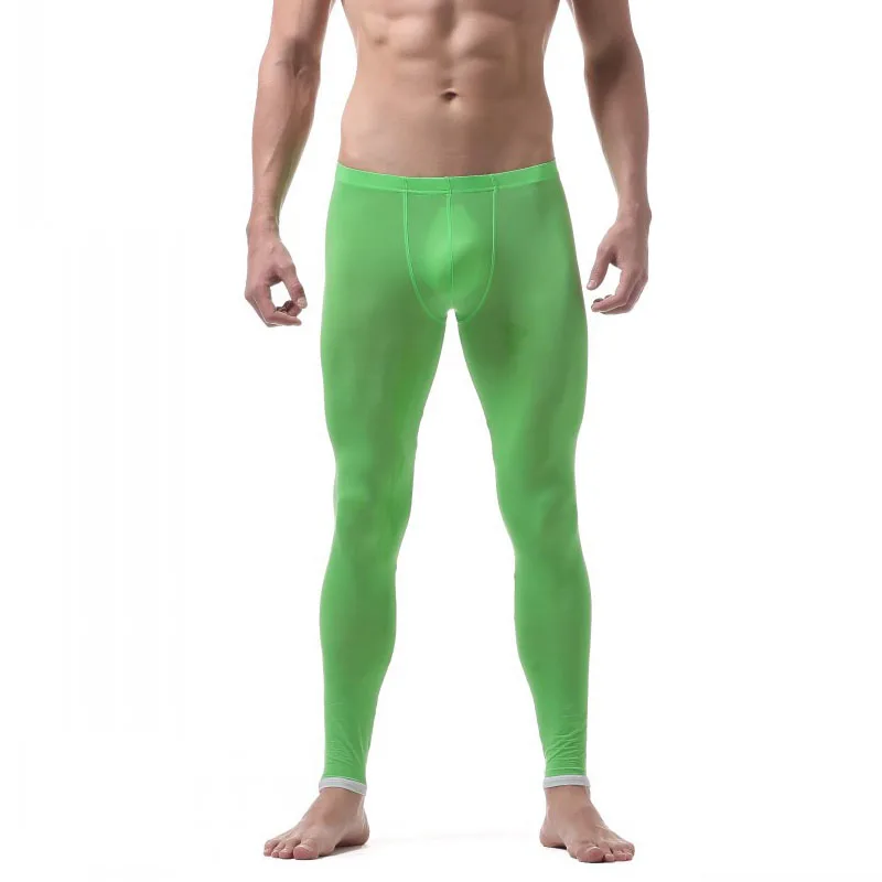Сексуальные мужские кальсоны, мужские кальсоны, леггинсы для сна, низ, шелк льда, тонкие пижамные штаны, Lounge Tight термальные брюки - Цвет: Green