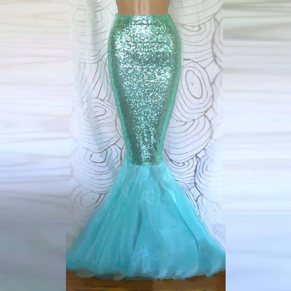 Dreamlike Unique Style Skirt Customized Zipper Waistline Long Mermaid Skirt Sequin And Tulle Joint Full Maxi Skirts Women