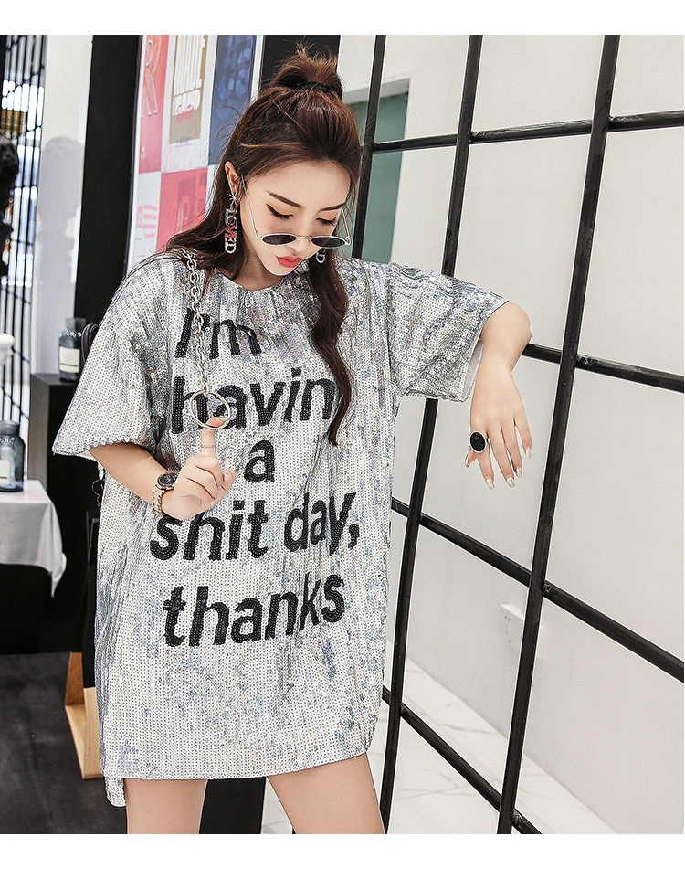 

Women Korean Style Night Club Bling Bling Short Dress Side Split O-Neck T-Shirt Letter Sequins Long Design Pullovers Party Tees